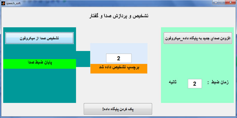 پروژه کامل تشخیص و پردازش صدا و گفتار با نرم افزار متلب(matlab), کاملترین پروژه تشخیص و پردازش صدا و گفتار با نرم افزار متلب(matlab), پروژه تشخیص صدا و گفتار با نرم افزار متلب, پردازش سیگنالهای صوتی, توانایی تشخیص گفتار وانواع صدا ها, دارای محیط گرافیکی پیشرفته و محیط کاملا فارسی, میکروفن و صدا با کامپیوتر ارتباط برقرار, ربات حرف شنویی را طراحی کنید, رباتی که با گفتن جلو به سمت جلو و با گفتن عقب به سمت عقب و جهت های دیگر حرکت کند, فیلم آموزشی نحوه کارکردن با پروژه تشخیص و پردازش صدا و گفتار با نرم افزار متلب, ایجاد پایگاه داده از صدا ها, الگوریتم قدرتمند, DTW, Mel frequency, تشخیص دقیق صدا و گفتارتشخیص گفتار با متلب, Speech Recognition, شناسایی گفتار, آموزش پردازش گفتار با MATLAB, فروش پروژه پیاده سازی تشخیص گفتار اعداد فارسی و انگلیسی, نرم افزار تشخیص گفتار, سیستم تشخیص گفتار یا Speech Recognition, تشخیص گفتار با کمترین خطا, دانلود مقاله در مورد تشخیص صحبت ( Speech recognition )